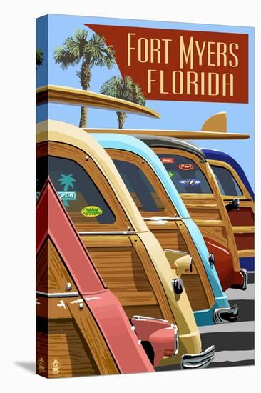 Fort Myers, Florida - Woodies Lined Up-Lantern Press-Stretched Canvas