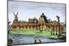 Fort, Wall, Windmill, Church, Gallows, and Pillory of New Amsterdam, 1659-null-Mounted Giclee Print