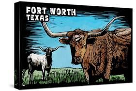 Fort Worth, Texas - Longhorn - Scratchboard-Lantern Press-Stretched Canvas