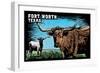 Fort Worth, Texas - Longhorn - Scratchboard-Lantern Press-Framed Art Print