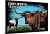 Fort Worth, Texas - Longhorn - Scratchboard-Lantern Press-Mounted Art Print