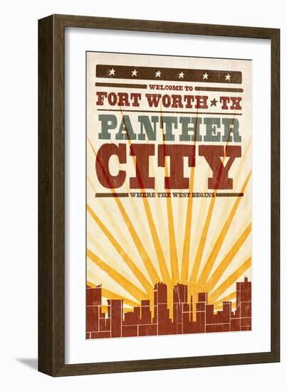 Fort Worth, Texas - Skyline and Sunburst Screenprint Style-Lantern Press-Framed Art Print