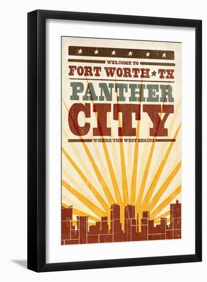 Fort Worth, Texas - Skyline and Sunburst Screenprint Style-Lantern Press-Framed Art Print