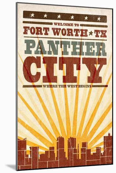 Fort Worth, Texas - Skyline and Sunburst Screenprint Style-Lantern Press-Mounted Art Print