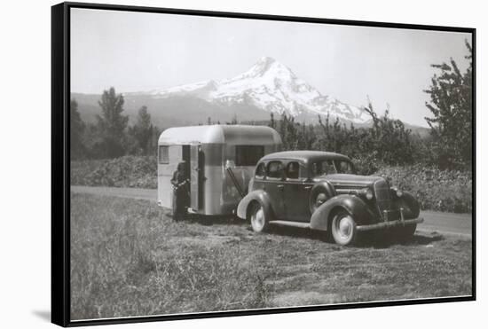 Forties Travel Trailer in Mountains-null-Framed Stretched Canvas