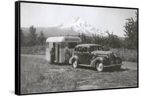 Forties Travel Trailer in Mountains-null-Framed Stretched Canvas