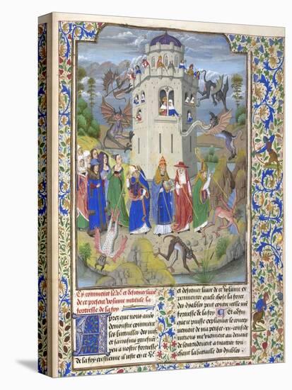 Fortress of Faith (Miniature of the Saints Gregory, Augustine, Jerome, and Ambrose Fighting Demon)-Loyset Liédet-Stretched Canvas