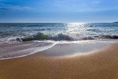 Sand Sea Beach and Blue Sky after Sunrise and Splash of Seawater with Sea Foam and Waves-fototo-Framed Stretched Canvas