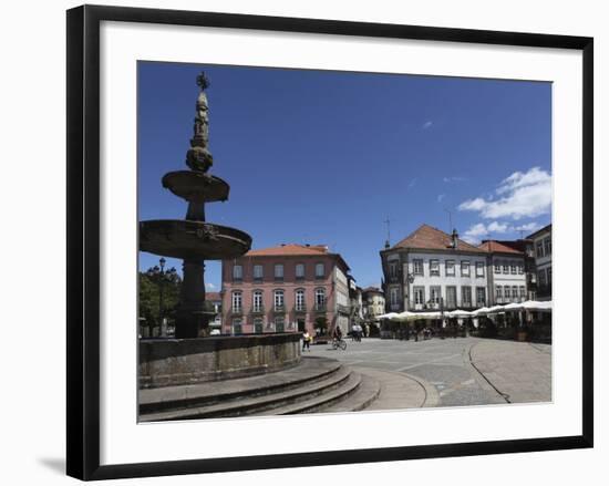 Fountain and Cafes on the Public Camoes Square (Largo De Camoes), Ponte De Lima, Minho, Portugal, E-Stuart Forster-Framed Photographic Print