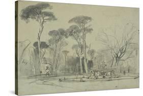 Fountain of the Sea-Horses in the Garden of the Villa Borghese, Rome-Edward Lear-Stretched Canvas
