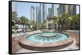 Fountain on the Dubai Marina Walk, Dubai, United Arab Emirates-Michael DeFreitas-Framed Stretched Canvas