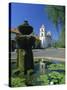 Fountain with Water Lilies, the Mission in the Background, Santa Barbara, California, USA-Tomlinson Ruth-Stretched Canvas