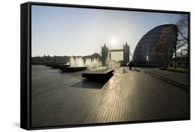 Fountains Glisten at More Place with City Hall and Tower Bridge Behind-Charles Bowman-Framed Stretched Canvas