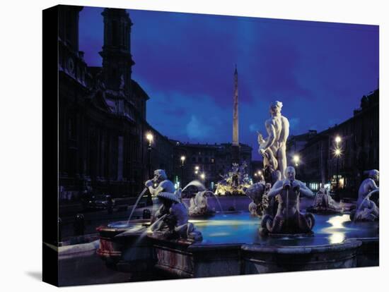 Fountains in the Piazza Navona at Night-Dmitri Kessel-Stretched Canvas