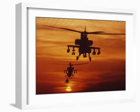 Four AH-64 Apache Anti-armor Helicopters Fly in Formation at Dusk-Stocktrek Images-Framed Premium Photographic Print