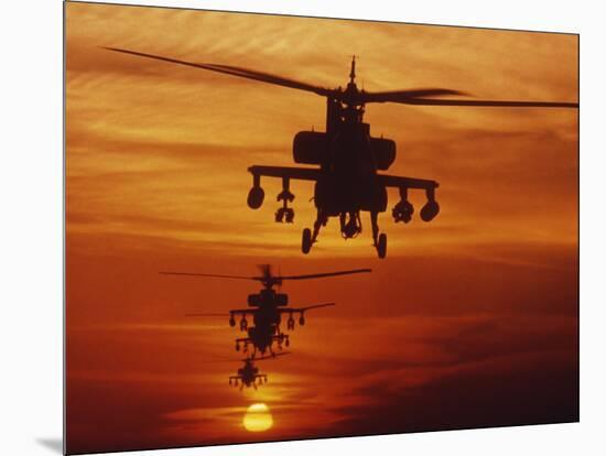 Four AH-64 Apache Anti-armor Helicopters Fly in Formation at Dusk-Stocktrek Images-Mounted Photographic Print