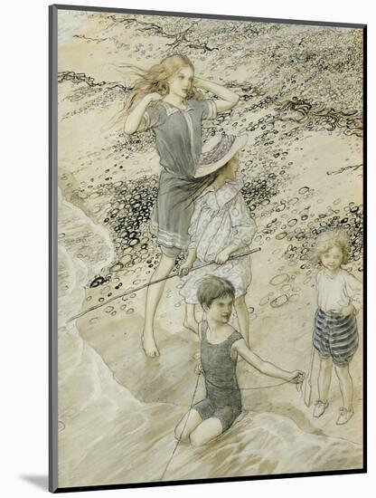 Four Children at the Seashore, 1910 (W/C on Paper)-Arthur Rackham-Mounted Premium Giclee Print