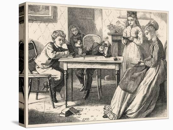 Four Children Have a Reading Lesson with their Governess-null-Stretched Canvas