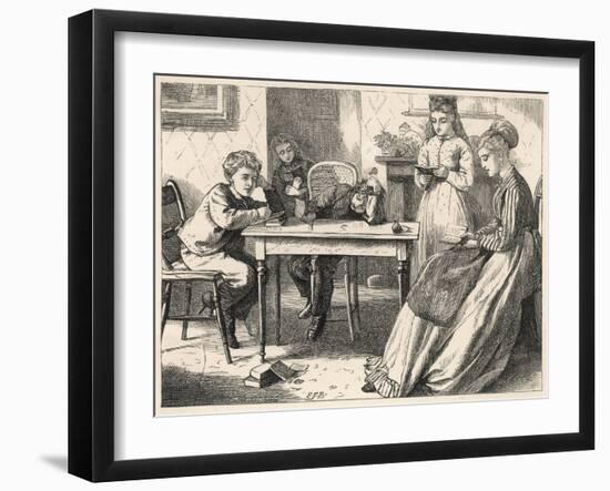 Four Children Have a Reading Lesson with their Governess-null-Framed Art Print