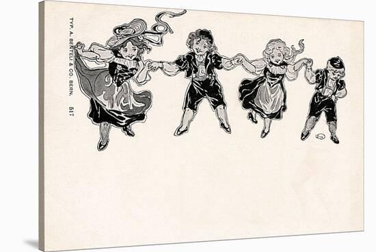 Four Children in Swiss Costume Hold Hands-null-Stretched Canvas