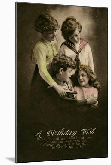 Four Children on a Birthday Postcard-null-Mounted Art Print