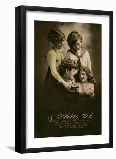 Four Children on a Birthday Postcard-null-Framed Art Print