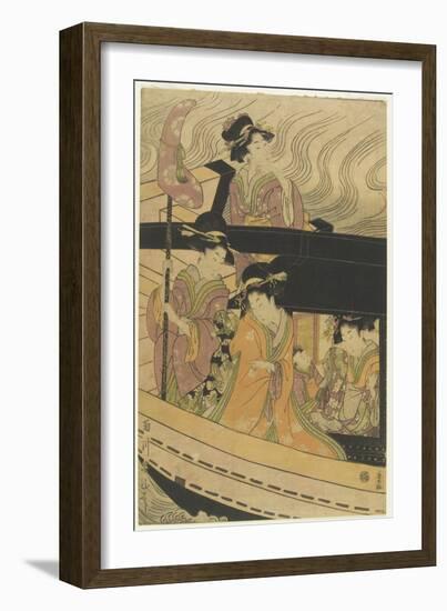 Four Courtesans and an Attendant Girl on Boat-Kikukawa Eizan-Framed Giclee Print