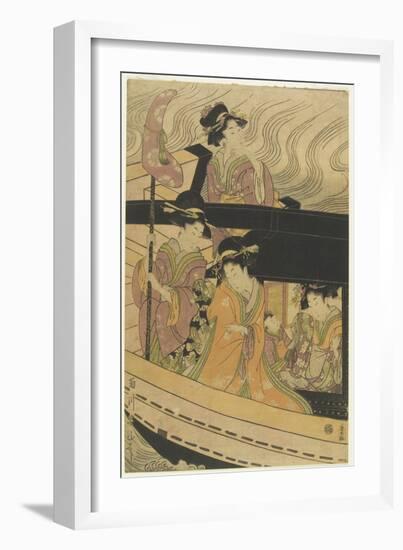 Four Courtesans and an Attendant Girl on Boat-Kikukawa Eizan-Framed Giclee Print