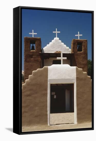 Four Crosses Adobe Church of Taos Pueblo-George Oze-Framed Stretched Canvas