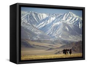 Four Eagle Hunters in Tolbo Sum, Golden Eagle Festival, Mongolia-Amos Nachoum-Framed Stretched Canvas