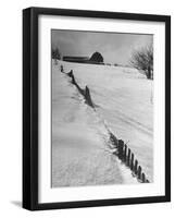 Four Ft. of Snow Almost Covering Up Snow Fence in Front of Barn on the Hill on Upstate Farm-Andreas Feininger-Framed Photographic Print