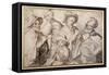 Four Hurdy-Gurdy Players and a Boy with a Pipe, School of Lorraine (Pen and Ink with Wash on Paper)-null-Framed Stretched Canvas