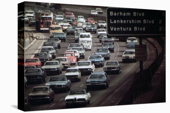 Four Lanes of Traffic on the Hollywood Freeway in Los Angeles in 1970s-null-Stretched Canvas