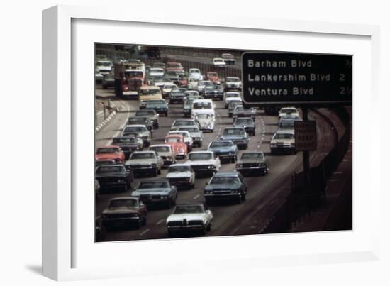 Four Lanes of Traffic on the Hollywood Freeway in Los Angeles in 1970s-null-Framed Photo