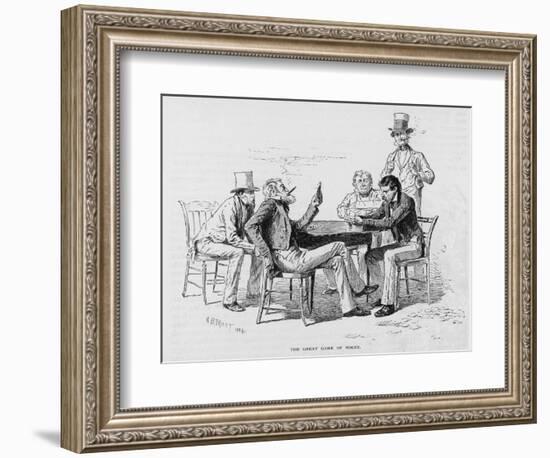 Four Men Sit around a Table Playing Poker While a Fifth Stands Watching the Game and Smoking-null-Framed Art Print