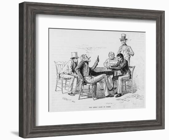 Four Men Sit around a Table Playing Poker While a Fifth Stands Watching the Game and Smoking-null-Framed Art Print