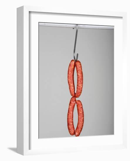 Four Mettwurst (Cured, Smoked Pork Sausages) on a Hook-Niklas Thiemann-Framed Photographic Print