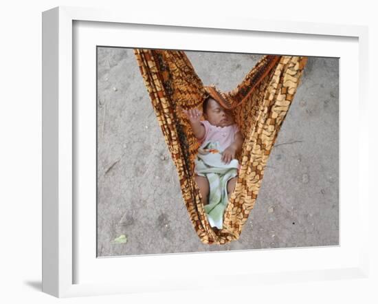 Four-Month-Old Rianto Sleeps in a Batik Cloth Swing, at a Refugee Camp in Lamreh, Indonesia-null-Framed Photographic Print