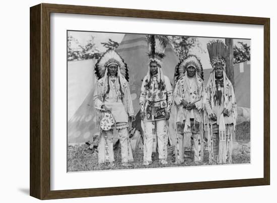 Four Native American Chiefs in Traditional Clothing and Feathered Bonnet-null-Framed Art Print