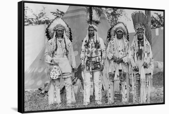 Four Native American Chiefs in Traditional Clothing and Feathered Bonnet-null-Framed Stretched Canvas