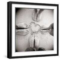 Four Pairs of Feet Standing around a Heart Shape Drawn in Sandy Beach, Taransay, Scotand, UK-Lee Frost-Framed Photographic Print