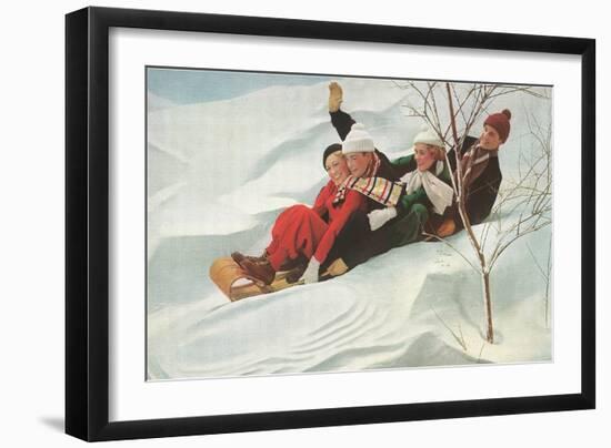 Four People on a Toboggan-null-Framed Art Print
