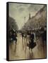 Four PM at the Carrefour Drouot and the Grand Boulevard-Jean Béraud-Framed Stretched Canvas