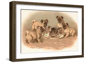 Four Pug Dogs Sitting around a Kitten on a Plate-English School-Framed Giclee Print