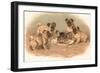 Four Pug Dogs Sitting around a Kitten on a Plate-English School-Framed Giclee Print