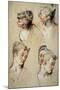 'Four Studies of a Young Woman's Head', 1716-1717-Jean Antoine Watteau-Mounted Giclee Print