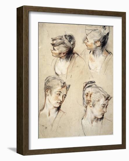 Four Studies of a Young Woman's Head-Antoine Watteau-Framed Art Print