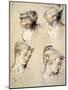Four Studies of a Young Woman's Head-Antoine Watteau-Mounted Art Print