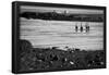 Four Swimmers on Long Island Beach Black White Photo Poster Print-null-Framed Poster