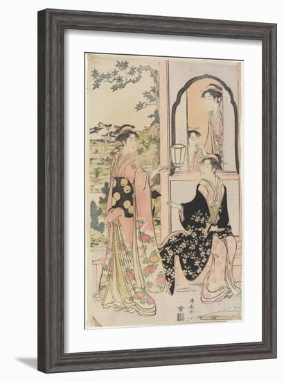 Four Women in Mitate as Ushiwaka Serenading Jo-Ruri-Hime, 1785-Torii Kiyonaga-Framed Giclee Print